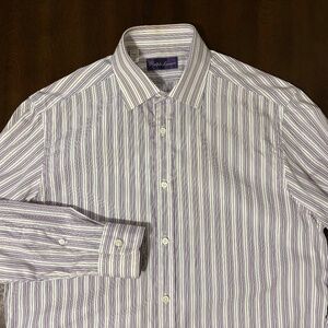 Ralph Lauren Purple Label men’s dress shirt M 15.5 white navy stripe Italy euc